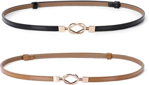 JASGOOD Cinturón de cuero delgado para mujer, cinturones de cintura fina para vestidos de hasta 37 pulgadas con hebilla dorada, paquete de 2