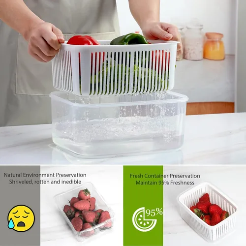 Miniatura 4 de LUXEAR 5 paquetes de contenedores de almacenamiento de frutas y verduras con tapa y colador, color blanco y verde