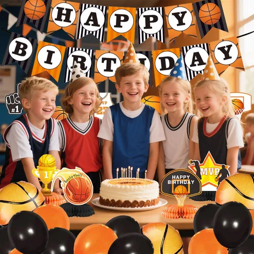 Miniatura 6 de Decoraciones de cumpleaños de baloncesto, lindo cartel de feliz cumpleaños con temática deportiva, suministros divertidos para fiesta de niño y niña