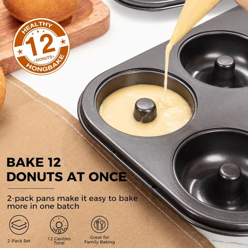Miniatura 7 de HONGBAKE Molde para rosquillas para hornear, bandeja de donas profunda mejorada, paquete de 2 moldes de 6 cavidades para horno, antiadherente y Negro