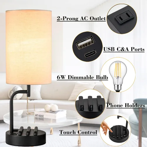 Miniatura 3 de Lámpara de mesa USB con control táctil Dreamholder, lámpara de noche mejorada de 3 vías regulable con puertos de carga USB C & A y tomacorriente AC