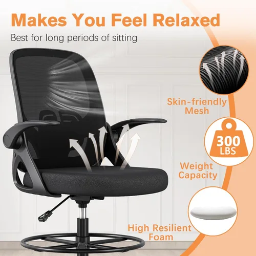 Miniatura 6 de ORRSAKER Silla de Dibujo Alta con Soporte Lumbar y Anillo Reposapiés, Silla de Escritorio Ergonómica Alta de Apoyo de Altura Extendida para Trabajo