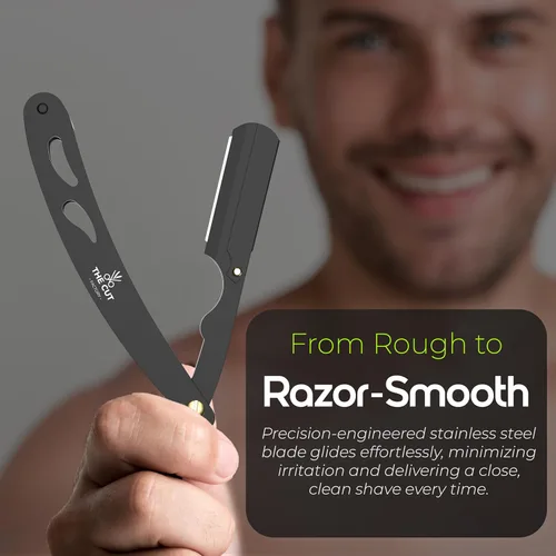 Miniatura 9 de The Cut Factory® Navaja recta para hombres, navaja de barbero profesional con borde recto para un afeitado suave y cómodo. Estuche de regalo de Negro