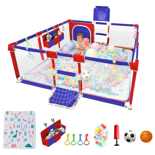 Corralito para bebés y niños pequeños, 73"x71" corralito para bebés con alfombra para interiores y exteriores con corralito transpirable con pelotas
