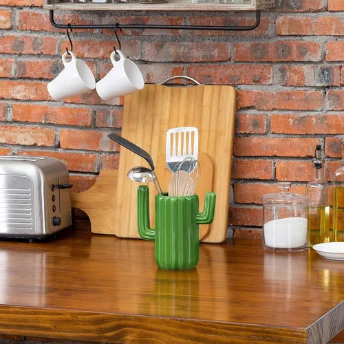 Miniatura 6 de MyGift Soporte de cerámica para utensilios de cactus, vajilla verde del suroeste, organizador de cocina duradero para cucharas, pinceles, desierto