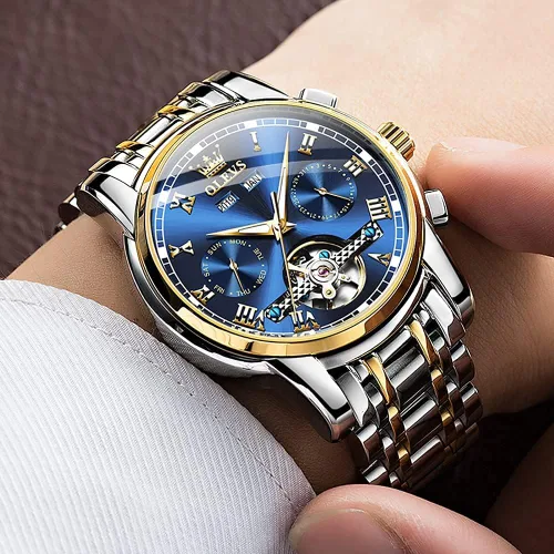 Miniatura 3 de OLEVS Reloj automático para hombre, cuerda automática, mecánica, de lujo, de acero inoxidable, multicalendario, impermeable, luminoso, reloj