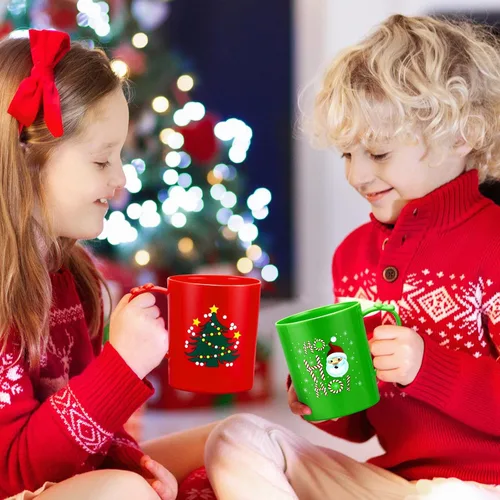 Miniatura 6 de Suclain 6 tazas de plástico – Tazas de café de Navidad y vacaciones de 15 onzas con asa – Tazas de Papá Noel y muñeco de nieve para niños