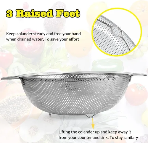 Miniatura 4 de P&P CHEF Colador de acero inoxidable, colador de alimentos microperforado con asa para lavar y drenar, ideal para pasta, frutas, verduras, apto