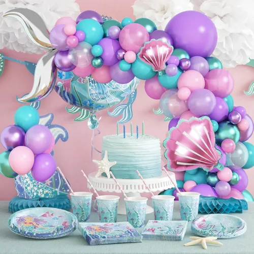 Miniatura 4 de Kit de Guirnalda de Arco de Globos de Sirena, Guirnalda de Cola de Sirena con Globos de Látex Metálico en Rosa Pastel, Morado, Verde y Turquesa
