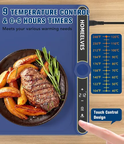 Miniatura 2 de Esterilla de Calentamiento de Alimentos Extra Grande, Bandeja Calentadora Eléctrica de Calentamiento Rápido con 9 Ajustes de Temperatura y Azul
