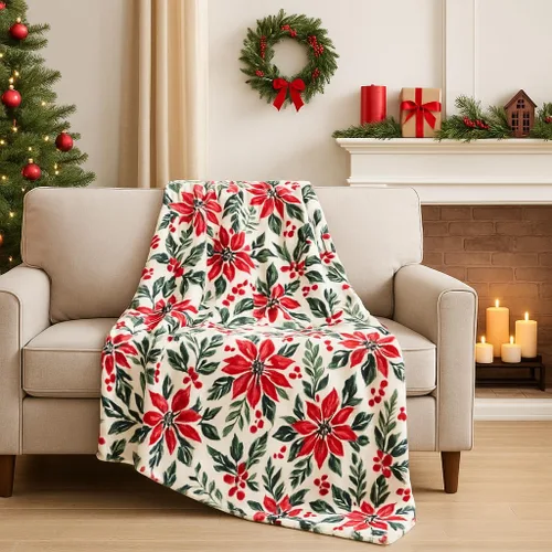 Miniatura 28 de Manta de Forro Polar para las Fiestas Navideñas: Corona Tradicional de Decoración del Hogar con Saludos Cheers Merry Peace Joy sobre Fondo Beige