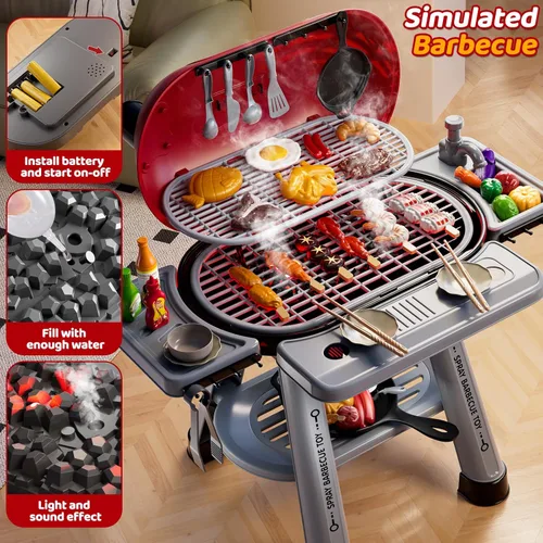 Miniatura 4 de Juego de parrilla para niños pequeños de 3 a 5 años, juguete de cocina de barbacoa al aire libre de 2 capas con humo, luces y sonidos, juego