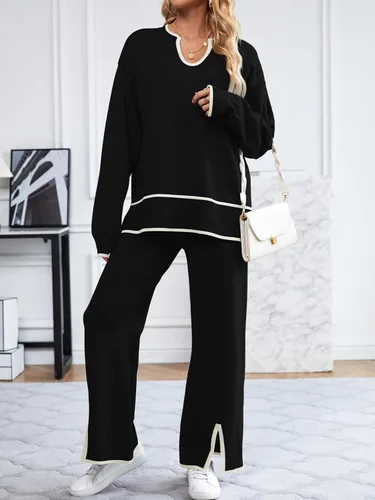 Miniatura 7 de SuperPrity Conjunto de 2 piezas de suéter para mujer, con cuello de muesca, manga larga, suéter de punto y pierna ancha
