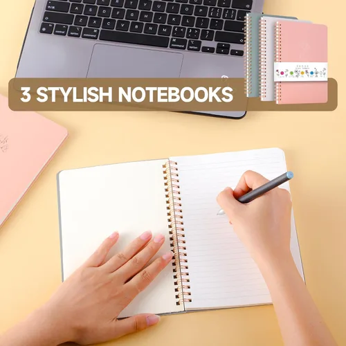 Miniatura 5 de Paquete de 3 Cuadernos Espirales - Papel Liso Sin Traspaso de 100GSM, 120 Páginas A5 de 8.26x5.7 Pulgadas, Páginas Rayadas de 7mm, Bolsillo