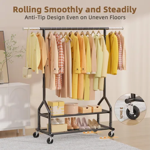 Miniatura 6 de EAGMAK Perchero de ropa resistente con capacidad de carga de 556 LBS, perchero rodante con estantes, colgador de ropa ajustable en altura con Negro