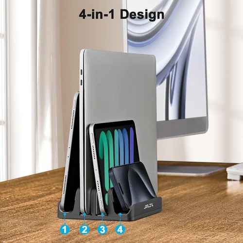 Miniatura 7 de JARLINK Soporte vertical ajustable 4 en 1 para laptop, estante de aluminio con doble ranura para computadora portátil, organizador de ahorro de Negro