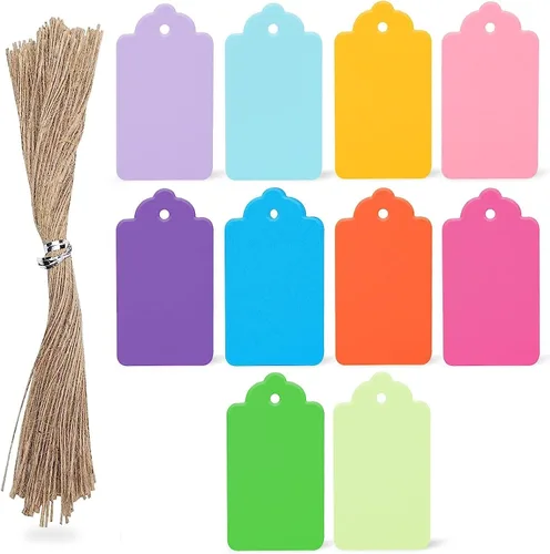 SallyFashion 200 etiquetas de regalo con cuerda adjunta, etiquetas de papel de colores de 2.8 x 1.6 pulgadas, etiquetas decorativas para colgar, 10