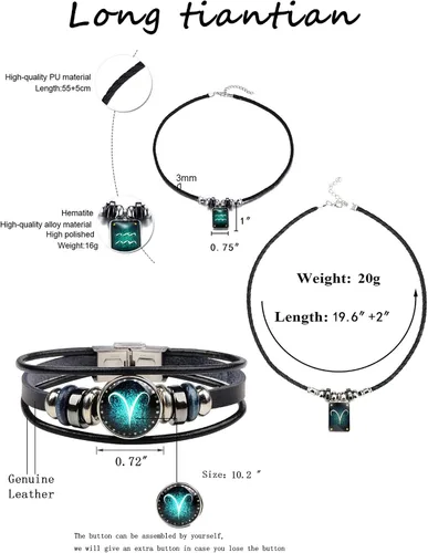Miniatura 2 de Juego de 2 pulseras y collar del zodiaco para hombres, joyería de signo del zodiaco, constelaciones de cuero, pulsera del zodiaco para hombres