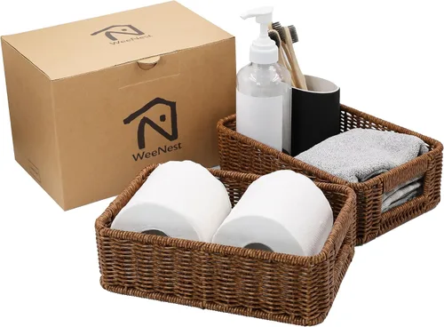 Miniatura 8 de Cestas para organizar, mimbre pequeño, cubos de almacenamiento para baño y rollos de papel higiénico, cubierta de tanque tejida a mano con asa