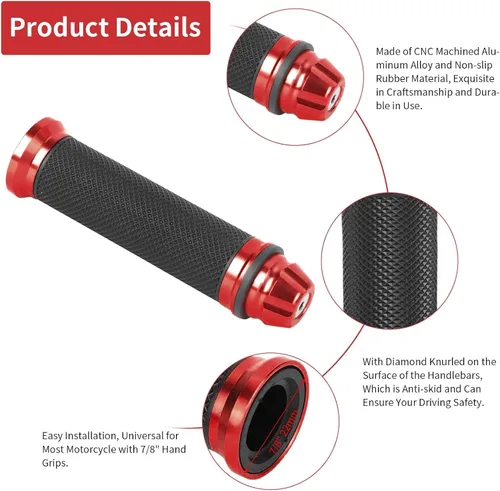 Miniatura 6 de Agarraderas universales para manillar de motocicleta CNC de goma de aluminio para mango de bicicleta de 7/8 pulgadas (rojo)