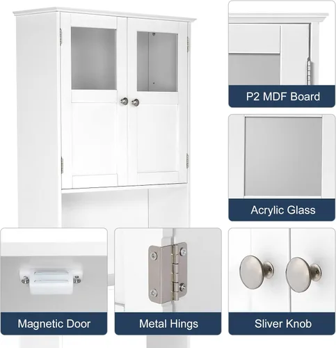 Miniatura 12 de Bonnlo Armario de almacenamiento sobre el inodoro con estante ajustable, organizador de suelo de baño blanco, ahorro de espacio con puertas dobles