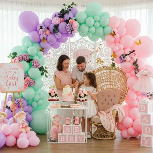 Miniatura 2 de Kit de arco de globos rosa, morado y verde menta, globos pastel de doble relleno con mariposas doradas para baby shower, cumpleaños de niña, tema