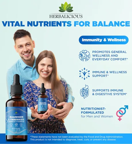 Miniatura 2 de HERBALICIOUS Líquido complejo de magnesio con vitamina D3 y B6 - Citrato de alta absorción, glicinato y L-treonato - Apoya la energía, el estado