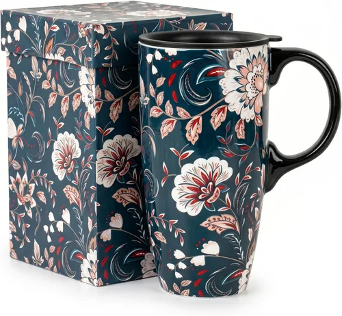 Miniatura 15 de DUSVALLY Taza de Café de Cerámica Taza Alta con Tapa, Taza de Té de Porcelana con Asa para Café con Leche, Capuchino y Cacao, Tazas de Café