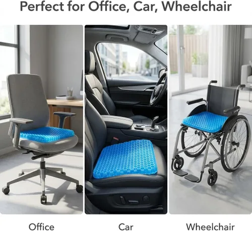 Miniatura 5 de QWORK Cojín de asiento de gel, fresco y transpirable y antideslizante para automóvil, oficina, hogar, silla de ruedas (azul, 15.7 x 13.8 x 1.3 in)