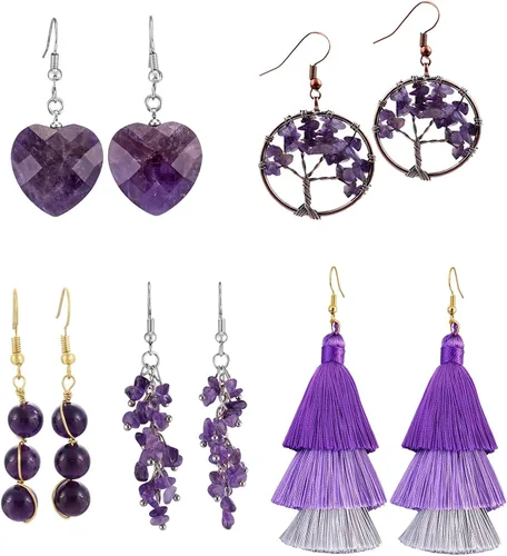 SUNYIK Paquete de 5 aretes colgantes de piedra de cristal para mujer, juego de aretes de cristal hechos a mano para mujer Púrpura