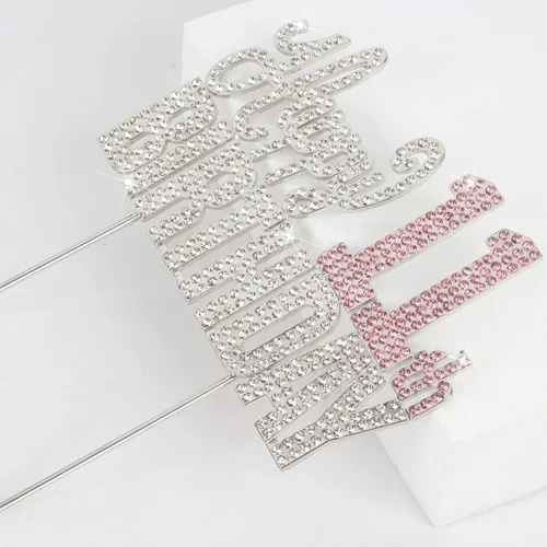 Miniatura 3 de Decoración de pastel de diamantes de imitación rosa y plateado con texto en inglés "Cheers to 11 Years Old Eleven Bday" de metal brillante