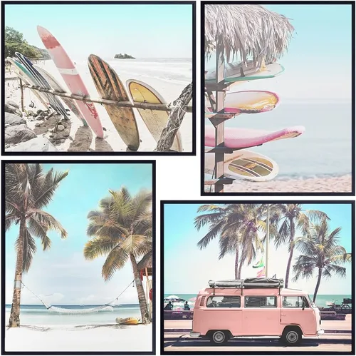 Decoración de playa - Arte de pared de playa - Árboles de palmera tropical, carteles de surf 8x10 - Decoración única para casa de lago u océano,