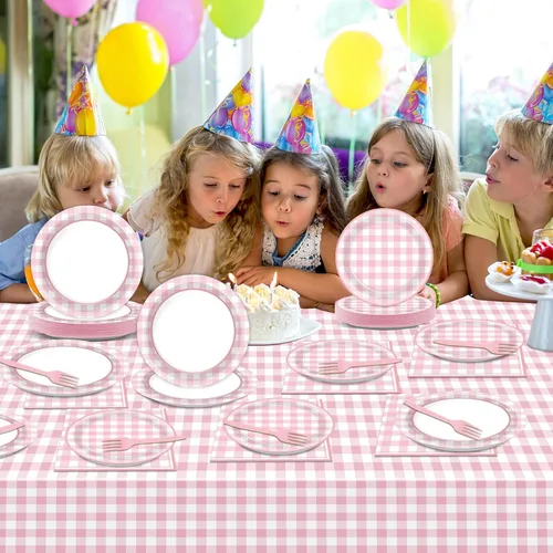 Miniatura 6 de 98 piezas de suministros de fiesta a cuadros rosa para 24 invitados, juego de vajilla a cuadros rosa y blanco, platos a cuadros, servilletas