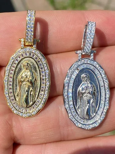 Miniatura 2 de Harlembling Plata de ley 925 maciza acabado de plata natural o oro de 14 quilates colgante de Virgen María para hombres o mujeres medallón