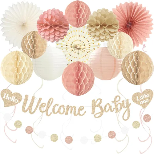 Decoraciones de baby shower boho para niña, pancarta de bienvenida con bolas de nido de abeja pre-hiladas, flores de papel, linternas, abanicos,