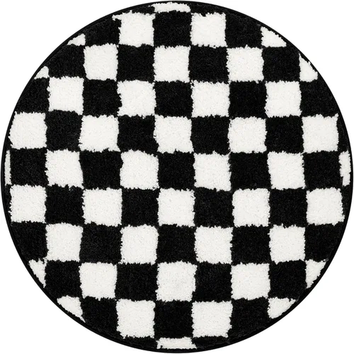 Miniatura 9 de Alfombras redondas a cuadros para baño, lavables a máquina, negras y blancas de 2 pies, alfombrilla de baño antideslizante y absorbente, alfombra
