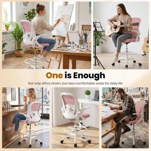 Miniatura 8 de Primy Silla de Dibujo Técnico Silla de Oficina Alta con Reposabrazos Abatibles Silla Ejecutiva Ergonómica de Computadora para Escritorio de Pie