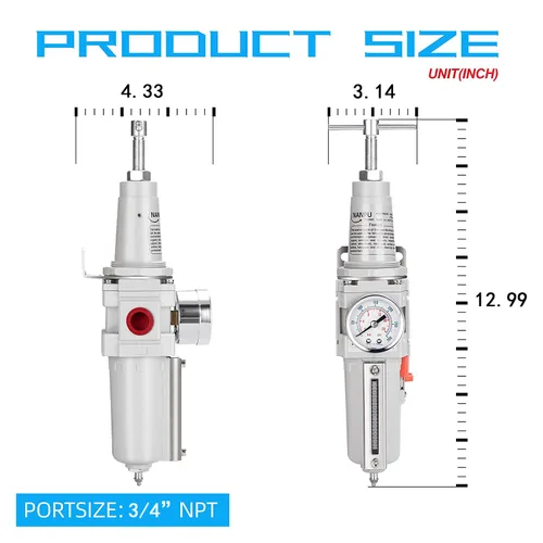 Miniatura 2 de NANPU Filtro de aire de alta presión NPT de 3/4" Combo, mango en T, drenaje semiautomático, calibre 0-300, cuenco de metal