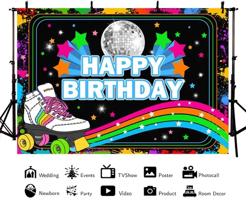 Miniatura 3 de AIBIIN Patines de ruedas de 7 x 5 pies, telón de fondo de cumpleaños, discoteca, baile, colorido arco iris, fotografía, graffiti, decoración