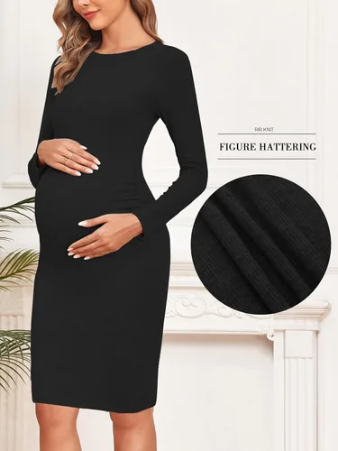 Miniatura 5 de Liu & Qu Vestido de maternidad de punto acanalado, manga larga y fruncido lateral, vestidos ajustados de maternidad para otoño