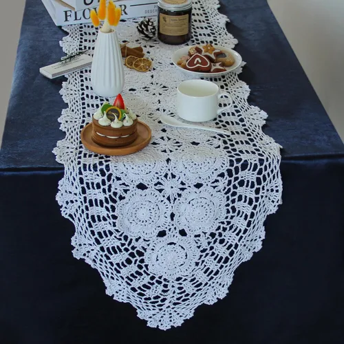 Miniatura 9 de kilofly Mantel de mesa hecho a mano con encaje de algodón de ganchillo, 15 x 43 pulgadas