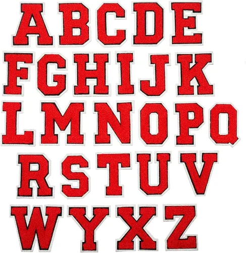Miniatura 6 de Parches de letras de felpilla de alta calidad de 2.5 pulgadas, 26 piezas (alfabeto completo), 3 capas, rojo, negro y blanco. Plancha/coser