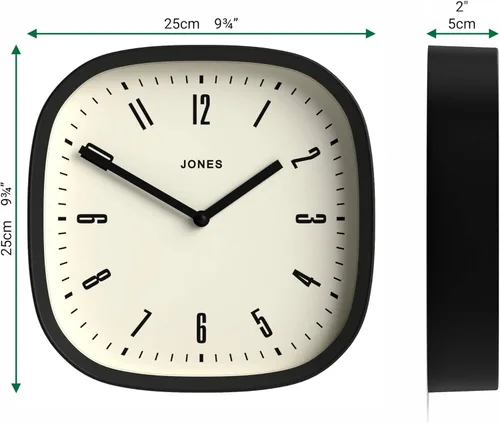 Miniatura 4 de JONES CLOCKS® Reloj de pared Marvel Reloj cuadrado redondo retro moderno 10 pulgadas Negro Aspecto de diseñador genial para cocina, sala
