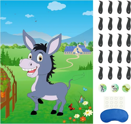 Morcheiong Juego de fiesta Pin The Tail on The Donkey con 48 colas para niños, suministros de fiesta de cumpleaños, regalos de fiesta de burro,