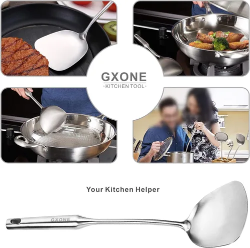 Miniatura 4 de Wok - Espátula de acero inoxidable, espátula ancha de metal con mango largo hueco, utensilios de wok, plata/14.7 pulgadas
