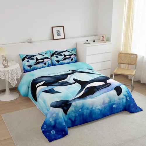 Miniatura 2 de Juego de edredón Queen de orcas y orcas de orcas y medusas del mundo submarino, para niños y niñas, animales marinos profundos, vida marina, 3