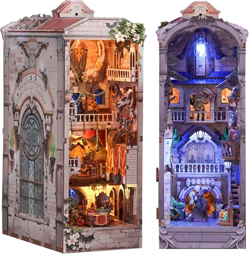 Miniatura 11 de Tonecheer Kit de rincón de libros para adultos, rompecabezas 3D de madera, kit de casa en miniatura, estante de libros para casa de muñecas, soporte