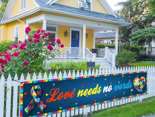 Love Needs No Words - Cartel de valla para concientización sobre el autismo, pieza de rompecabezas con forma de corazón, fiesta, cabina de fotos,