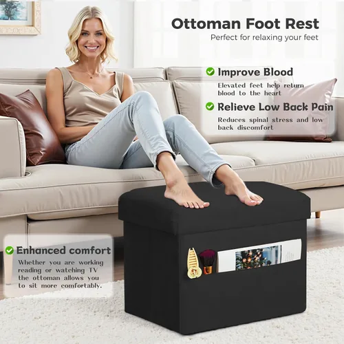 Miniatura 2 de Otomana pequeña con almacenamiento, taburete plegable con asiento acolchado más grueso, banco otomano de almacenamiento de piel suave para Negro