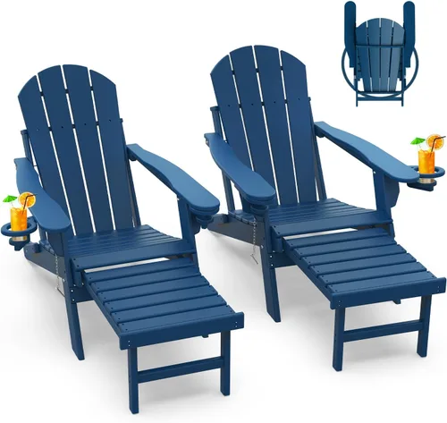 Miniatura 41 de GREENVINES Sillas Adirondack con Otomano Juego de 2 Grano de Madera Plegable Reposapiés Retráctil Plástico HDPE Silla para Hoguera Todo
